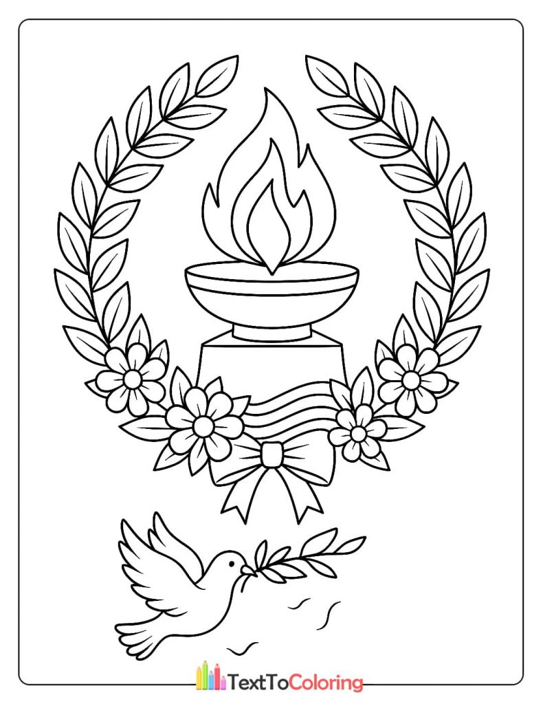 Patriot Day coloring page with an eternal flame and a dove of peace
