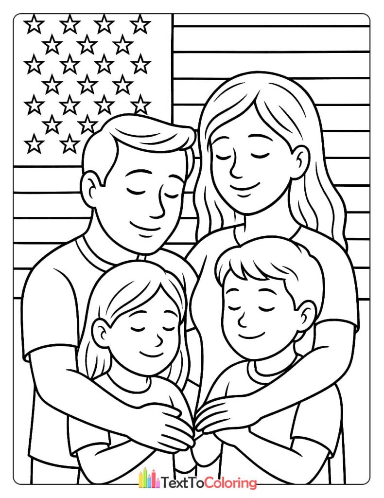 Patriot Day coloring page with a family and an American flag