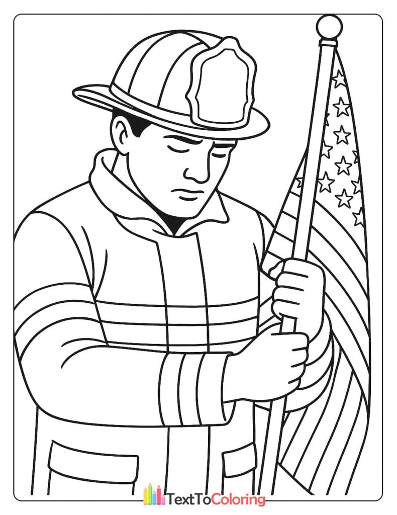 Patriot Day coloring page with a firefighter holding a folded American flag