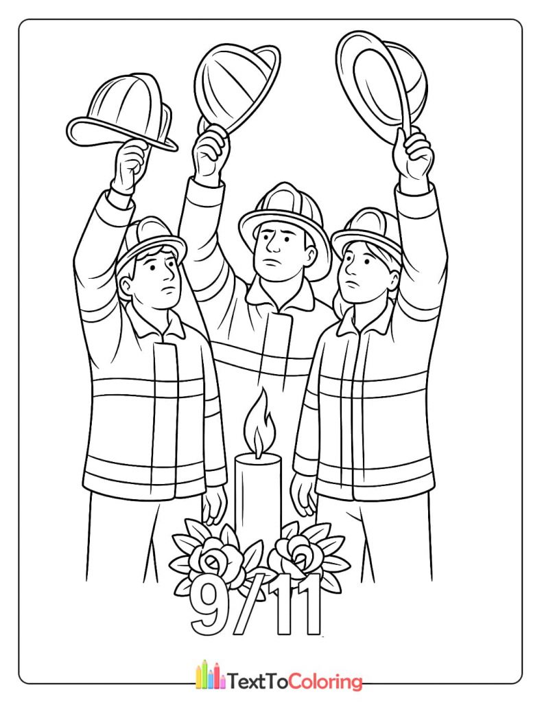 Patriot Day coloring page with firefighters paying tribute