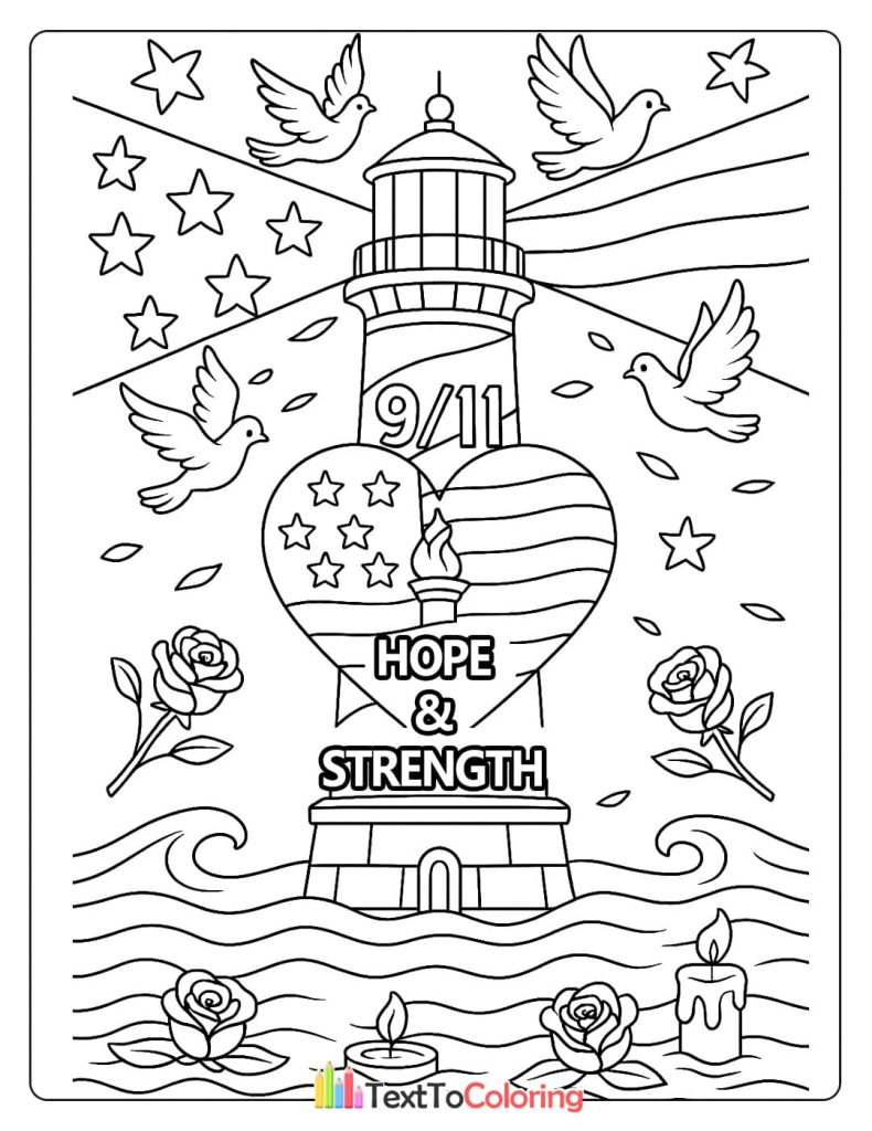 Patriot Day coloring page with a lighthouse, doves, and the message "Hope and Strength"