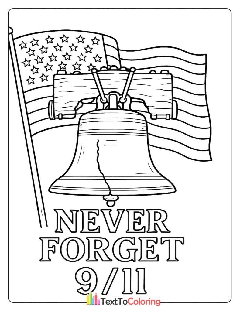 Patriot Day coloring page with the Liberty Bell and an American flag