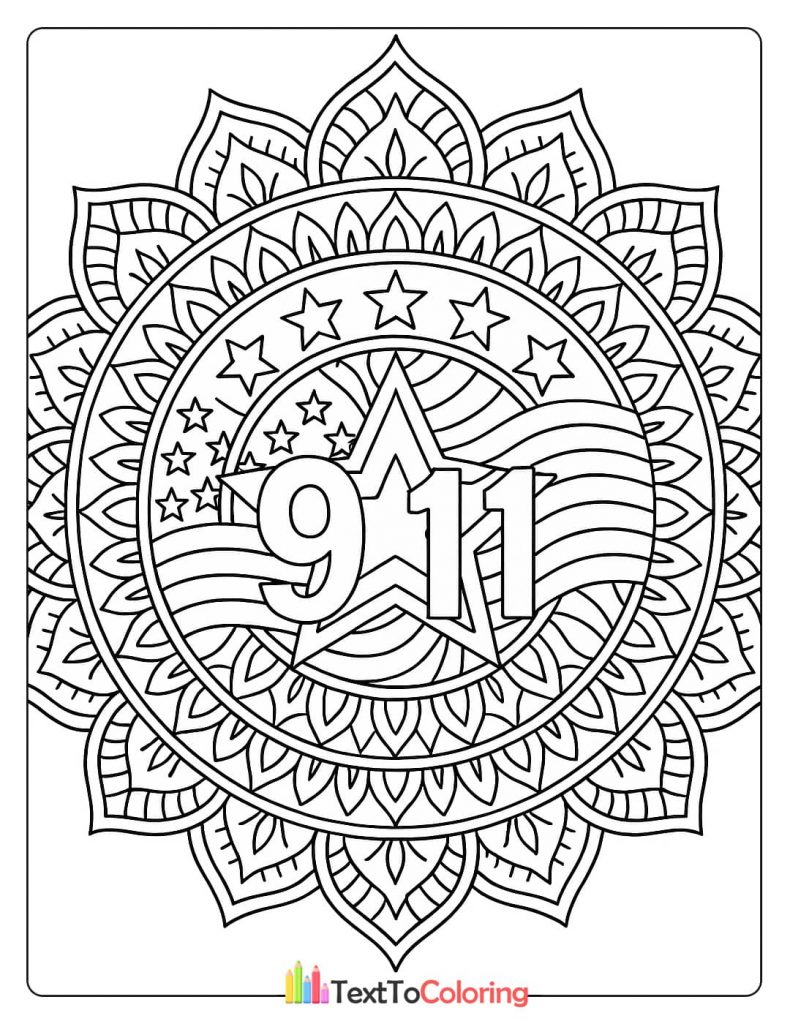 Patriot Day mandala coloring page with an American flag and the date of September Eleventh
