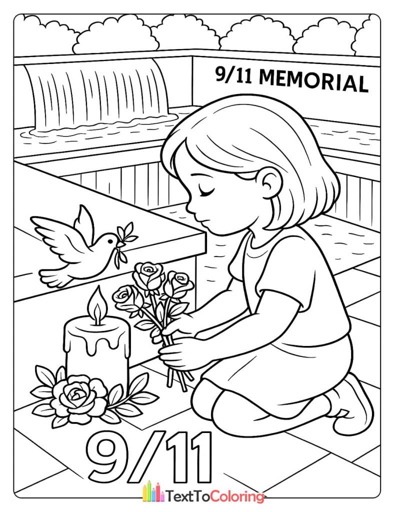 A young girl paying respects at a memorial for Patriot Day