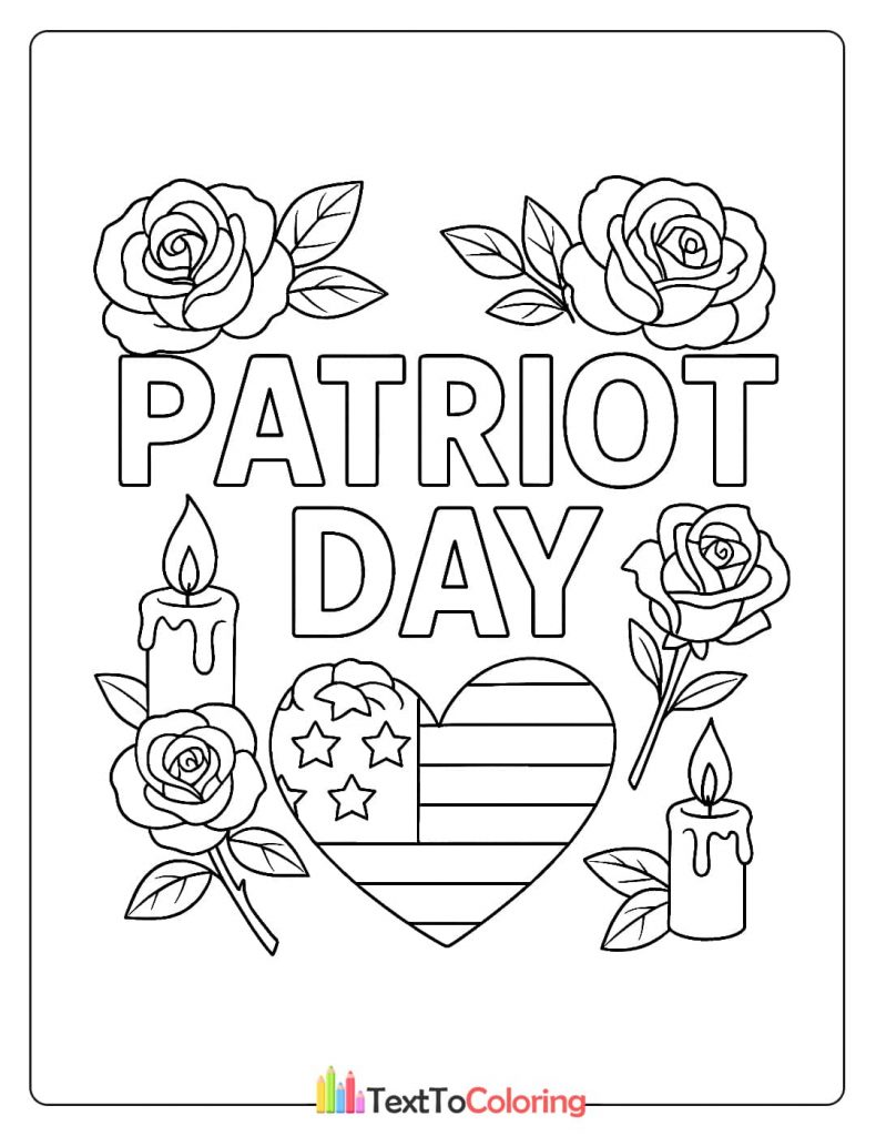 Patriot Day coloring page with a heart-shaped flag, roses, and memorial candles
