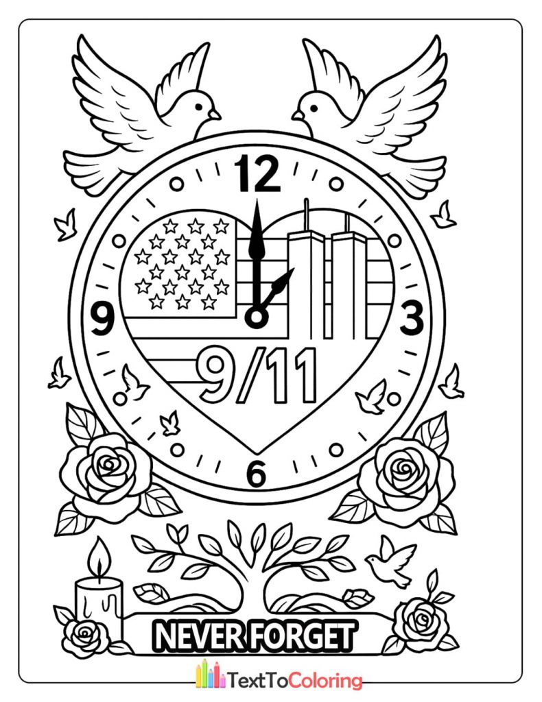 A clock with the Twin Towers and a message to "Never Forget" on Patriot Day