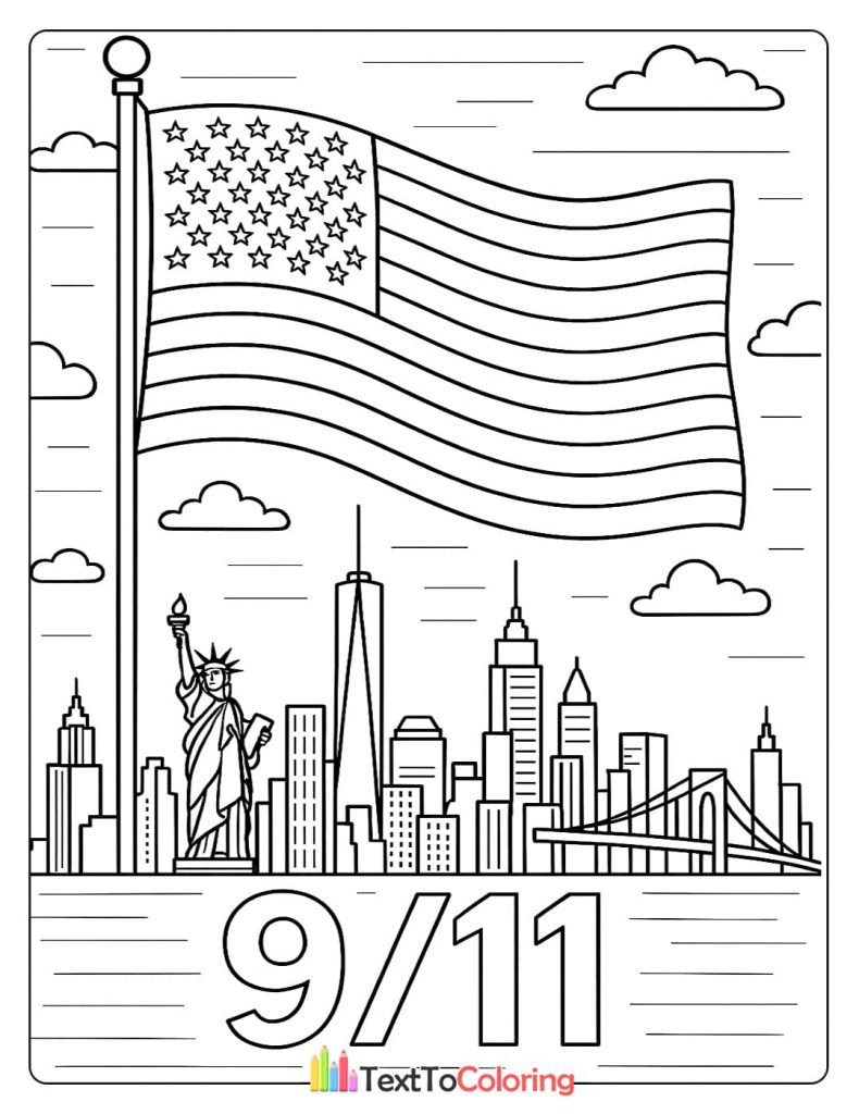 Patriot Day coloring page with the New York City skyline and an American flag