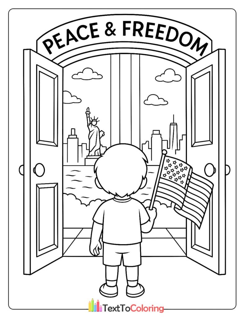 A boy with an American flag looking through open doors at a cityscape