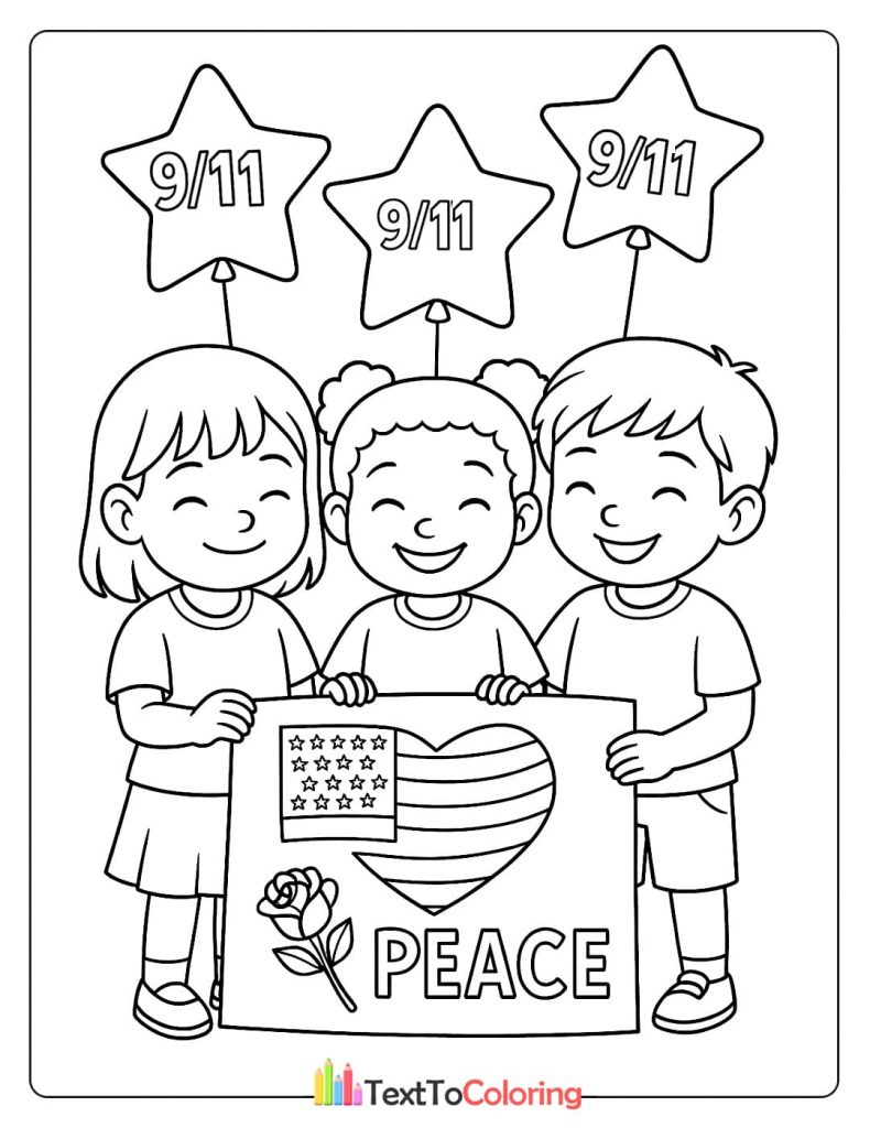 Patriot Day coloring page with children holding a peace sign