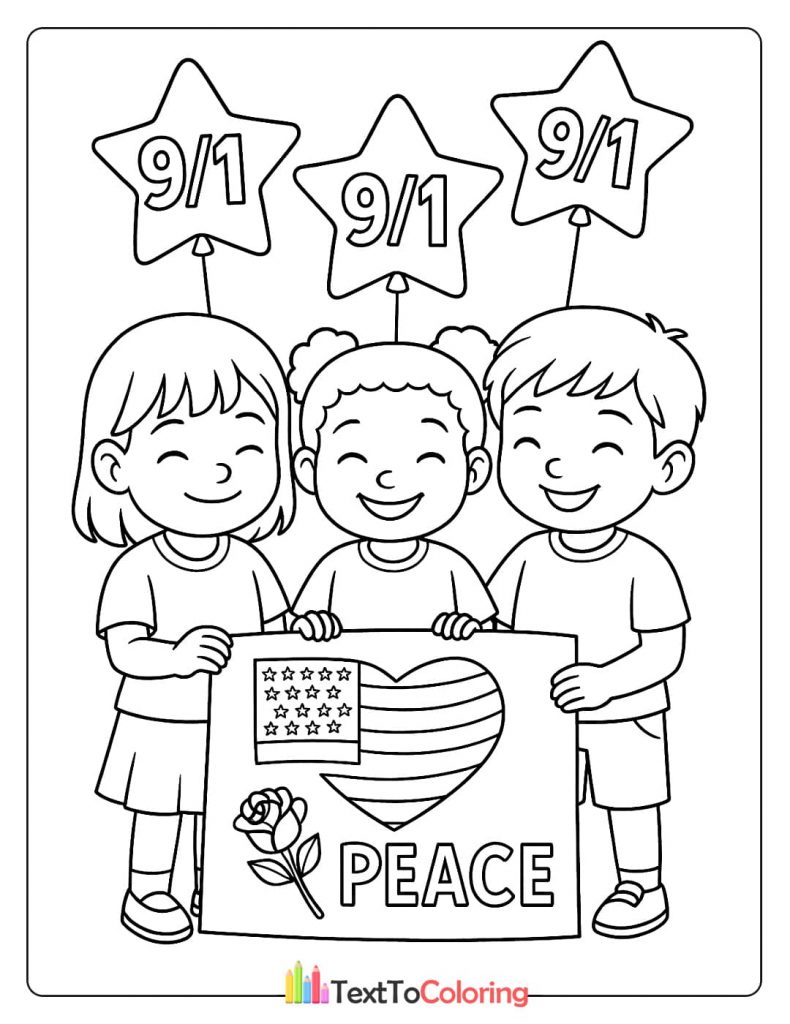 Patriot Day coloring page with children holding a peace sign