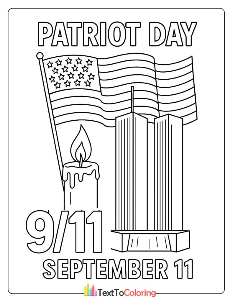 Patriot Day coloring page with Twin Towers, candle, and American flag