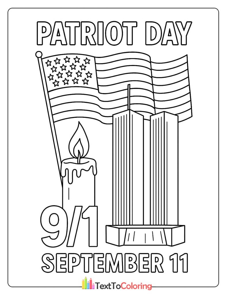 Patriot Day coloring page with Twin Towers, candle, and American flag