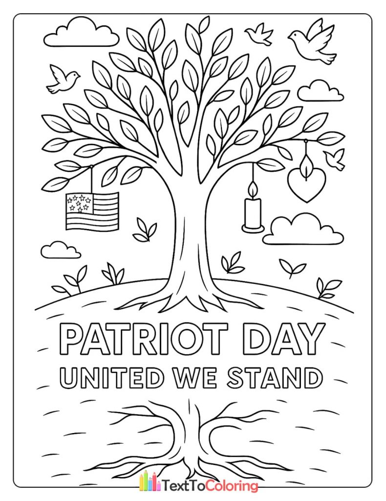 A tree with American symbols and the text "Patriot Day United We Stand"