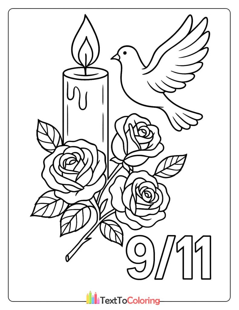 Patriot Day coloring page with a memorial candle and roses