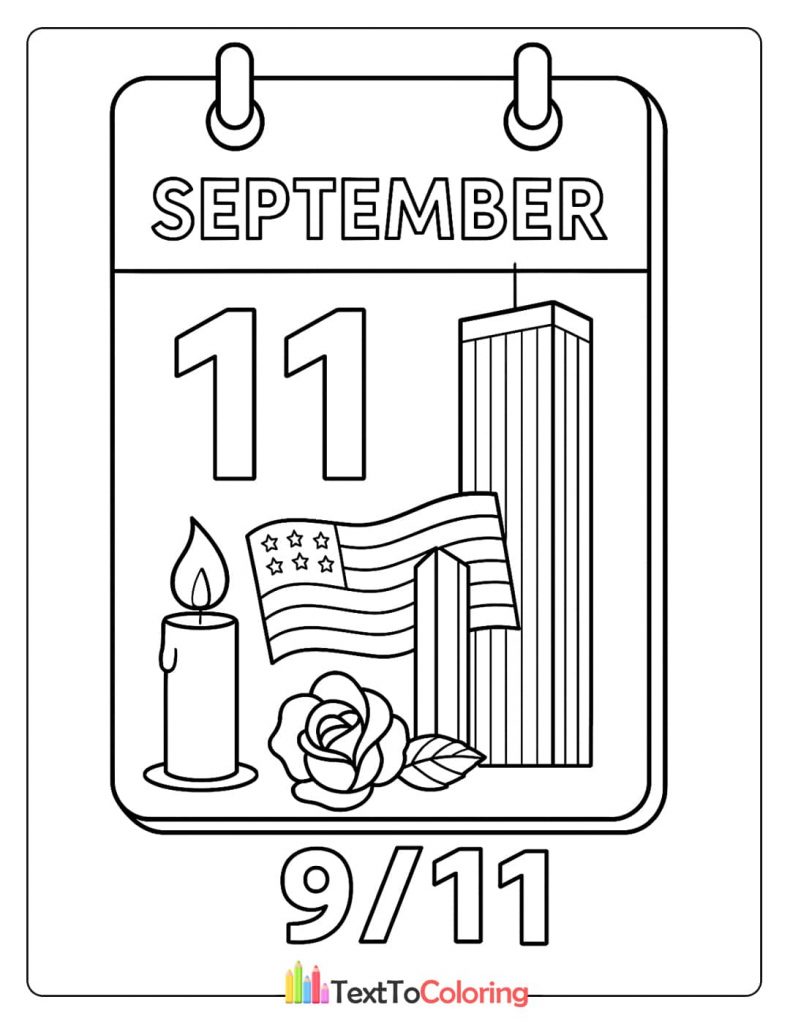 September Eleventh coloring page with calendar, flag, and rose