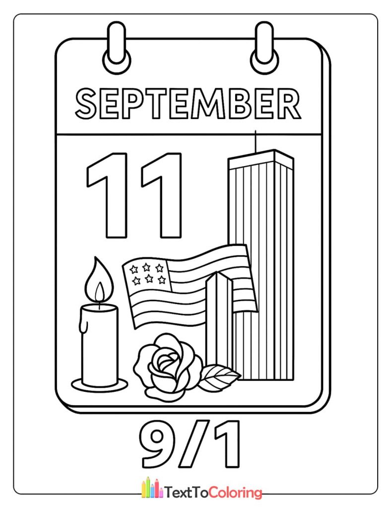 September Eleventh coloring page with calendar, flag, and rose