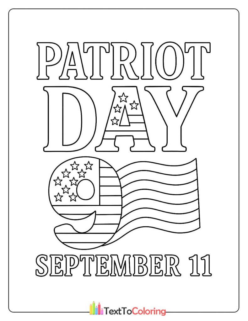 Patriot Day coloring page with patriotic text