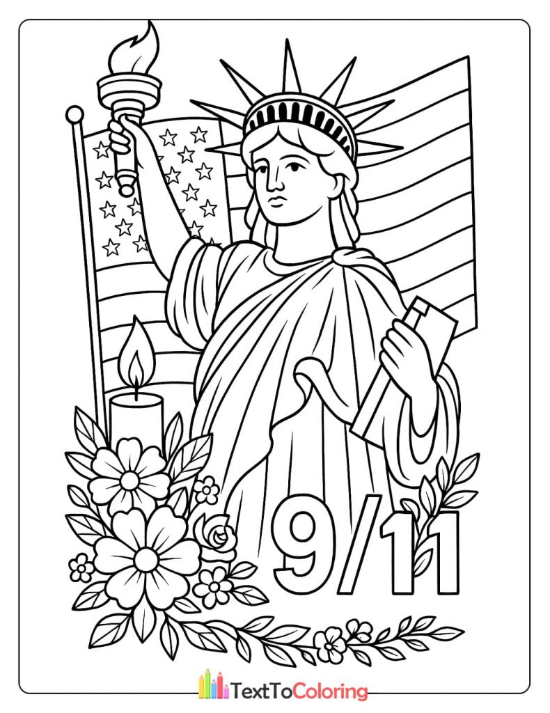 Patriot Day coloring page with Statue of Liberty, flowers, and a memorial candle