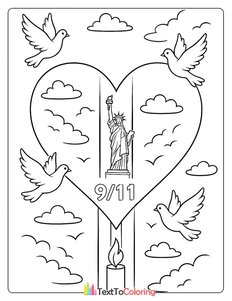 Patriot Day coloring page with the Statue of Liberty inside a heart, surrounded by doves