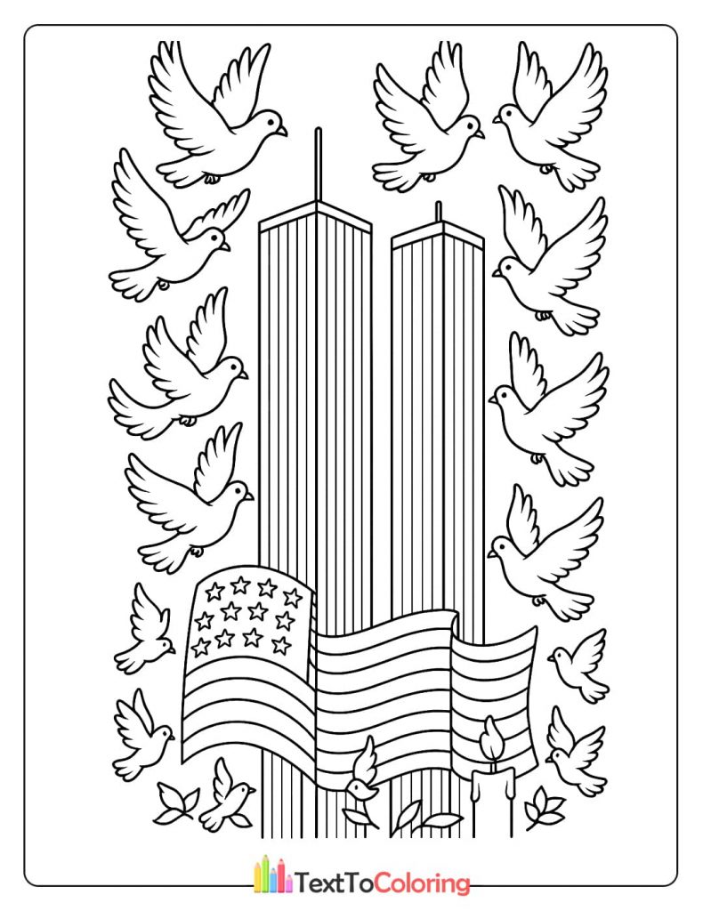Patriot Day coloring page with Twin Towers, doves, and American flag