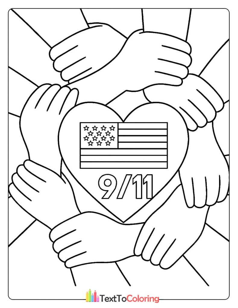 Patriot Day coloring page with hands linked together around an American flag heart