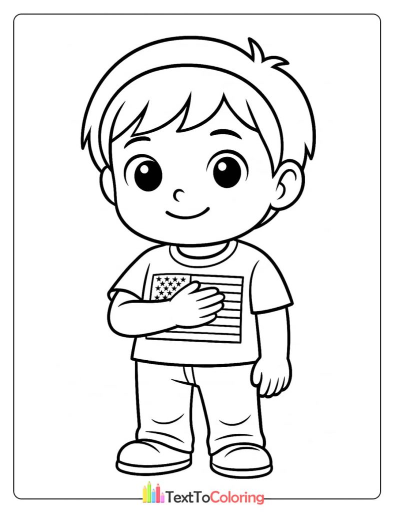 A cute boy with his hand over his heart in a patriotic pose on Patriot Day