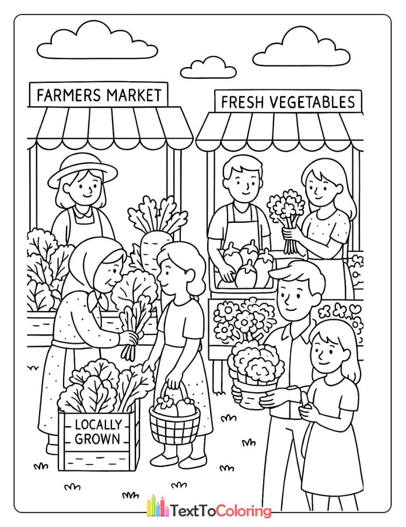 A printable coloring page of a crowded Farmers Market with people buying fresh, locally grown vegetables and flowers from various vendors.
