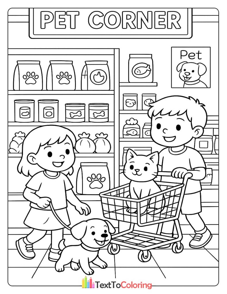 A boy and a girl shopping for pet food at a mini-mart. A dog is on a leash, and a cat is sitting inside the shopping cart.