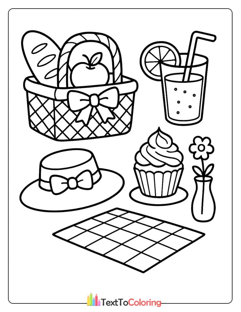 A delicious picnic scene coloring page with a checkered blanket, a food basket, a cupcake, and a refreshing drink with a lemon slice.