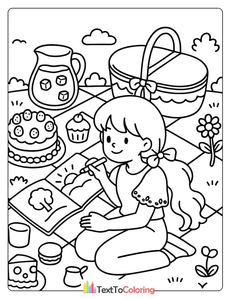 A girl draws in a sketchbook during a picnic with a basket and dessert.