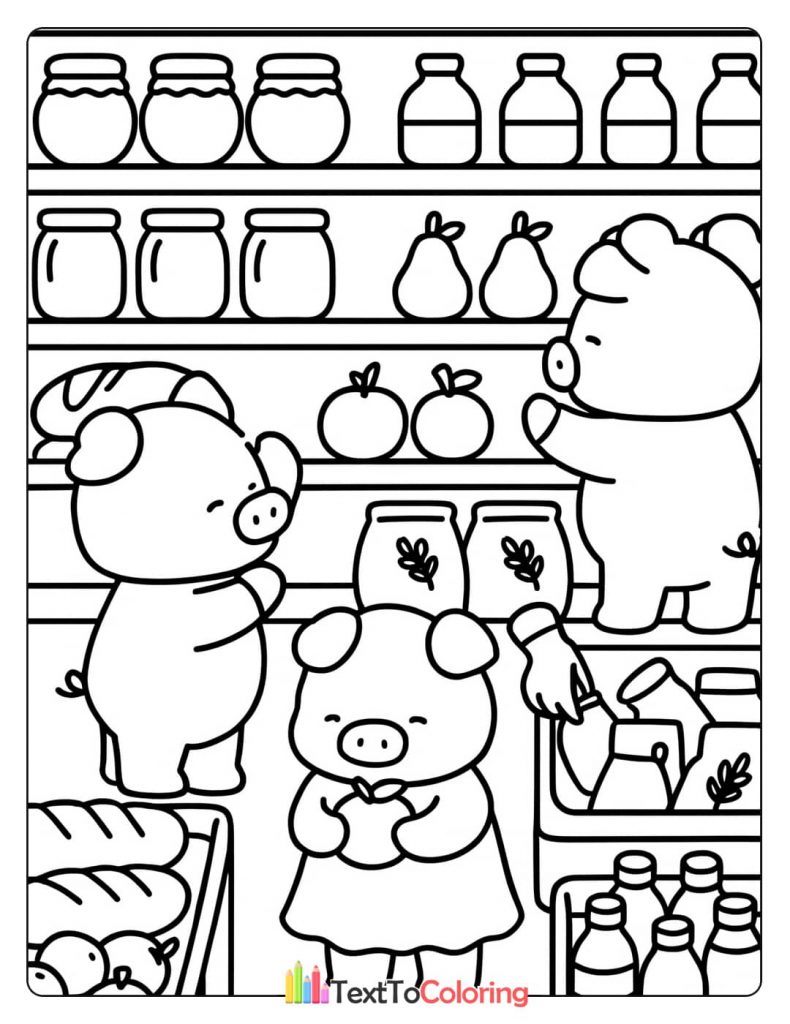 Three cute pigs shopping in the milk and produce section of a mini-mart. One pig is reaching for a carton of milk.