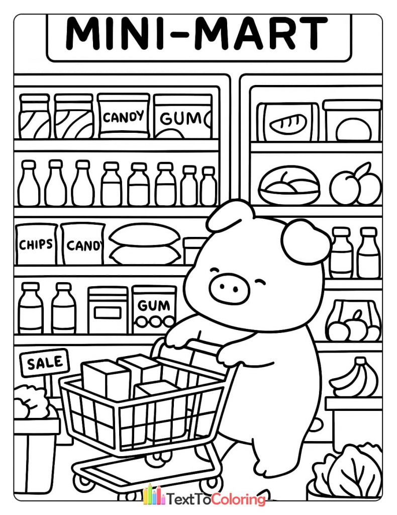 A cute pig pushing a shopping cart in a mini-mart, standing in the candy and chips aisle.