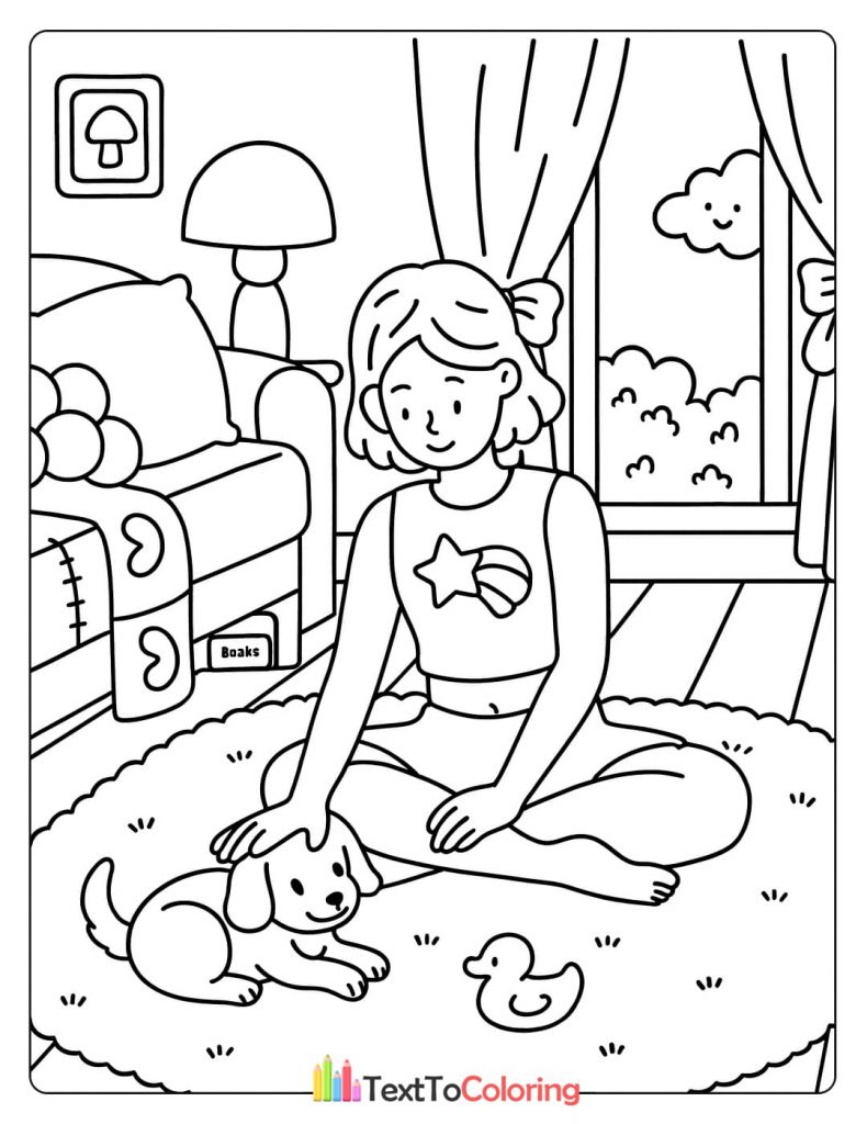 A girl sits on a rug and pets a small puppy in a living room.
