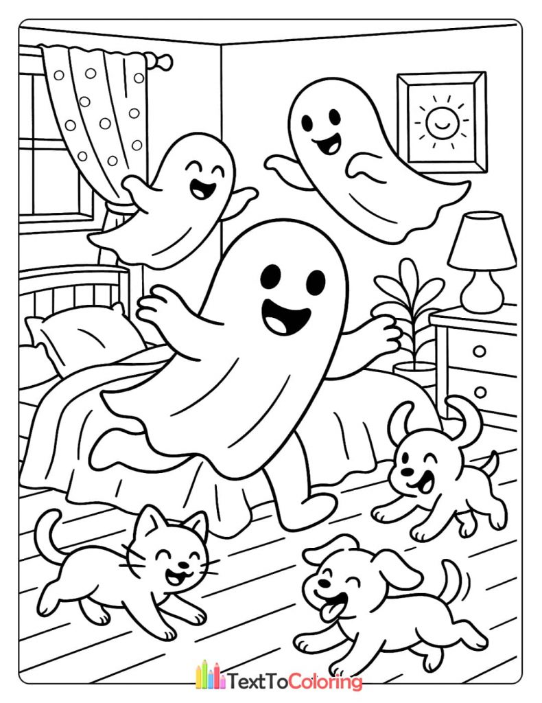 Three ghosts flying and laughing with a cat and two dogs in a bedroom.