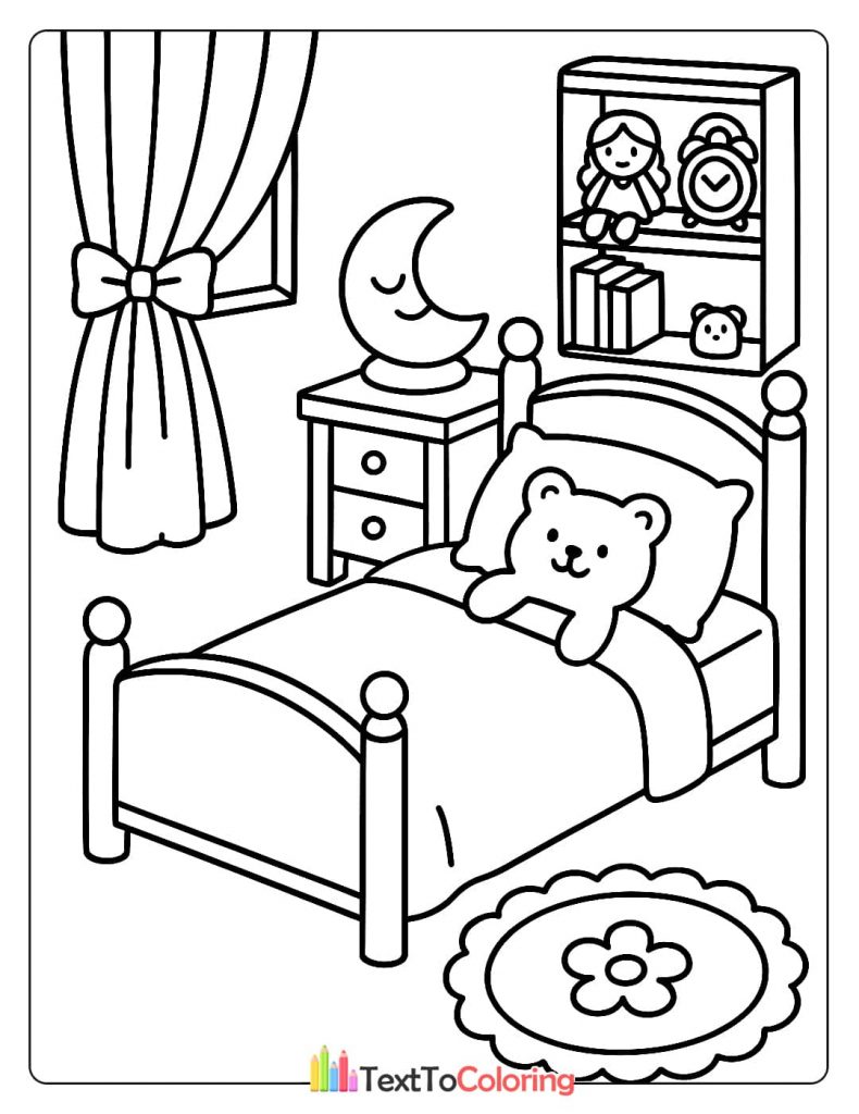 A charming bedroom scene for coloring, with a bed, a teddy bear, a nightstand, and a moon lamp.