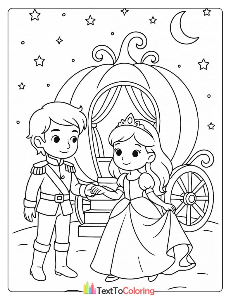 A prince and princess stand next to a pumpkin carriage under the stars.