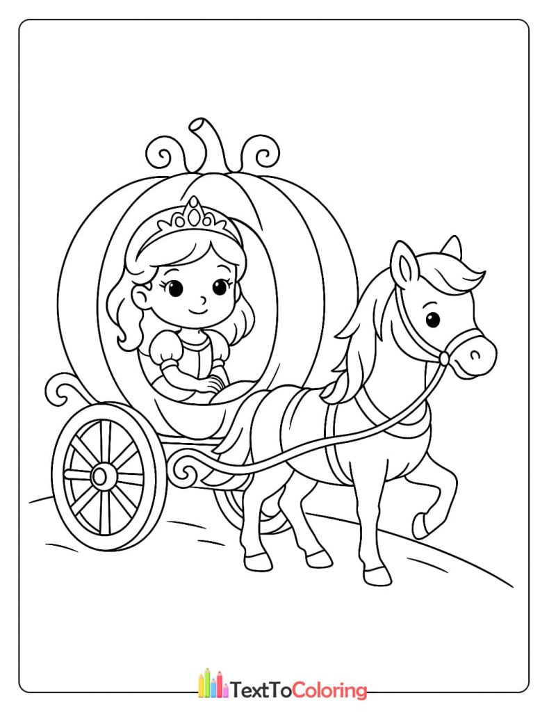 A princess is smiling in a horse-drawn pumpkin carriage.