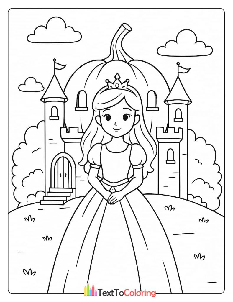A princess stands in front of a pumpkin-shaped castle.
