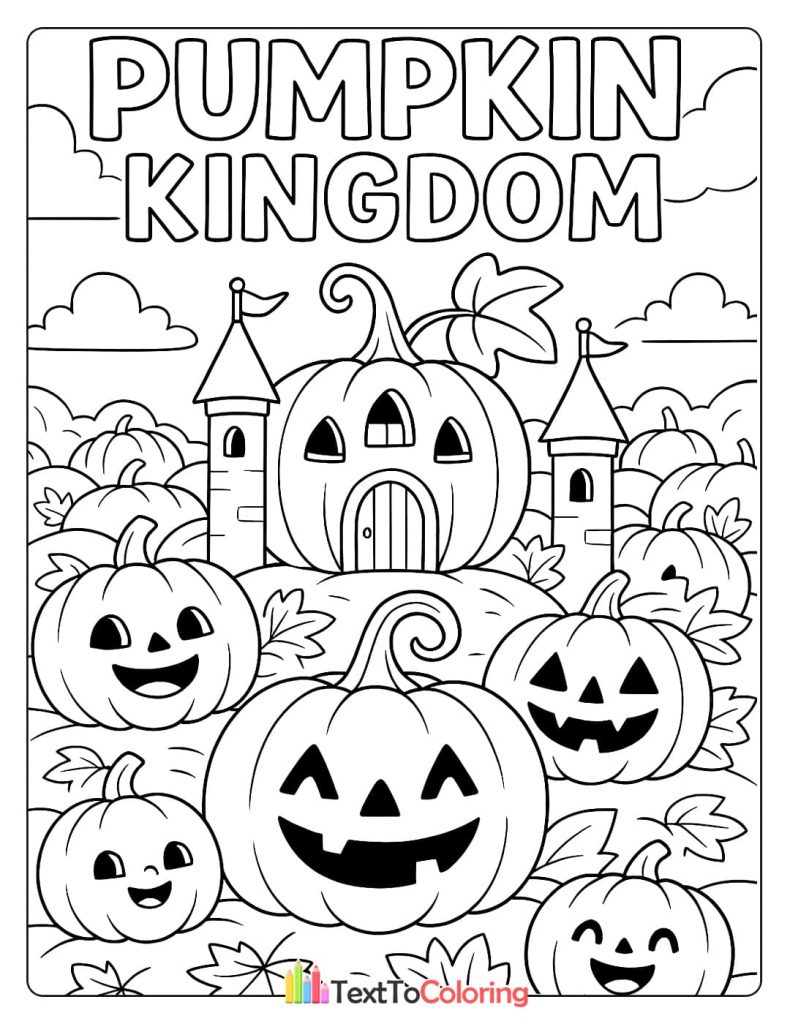 A field of happy jack-o'-lanterns and a pumpkin castle with the words "Pumpkin Kingdom" at the top.