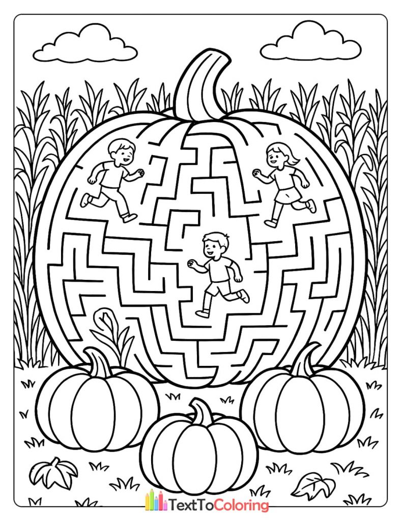 A giant pumpkin is designed as a maze with children running through it.