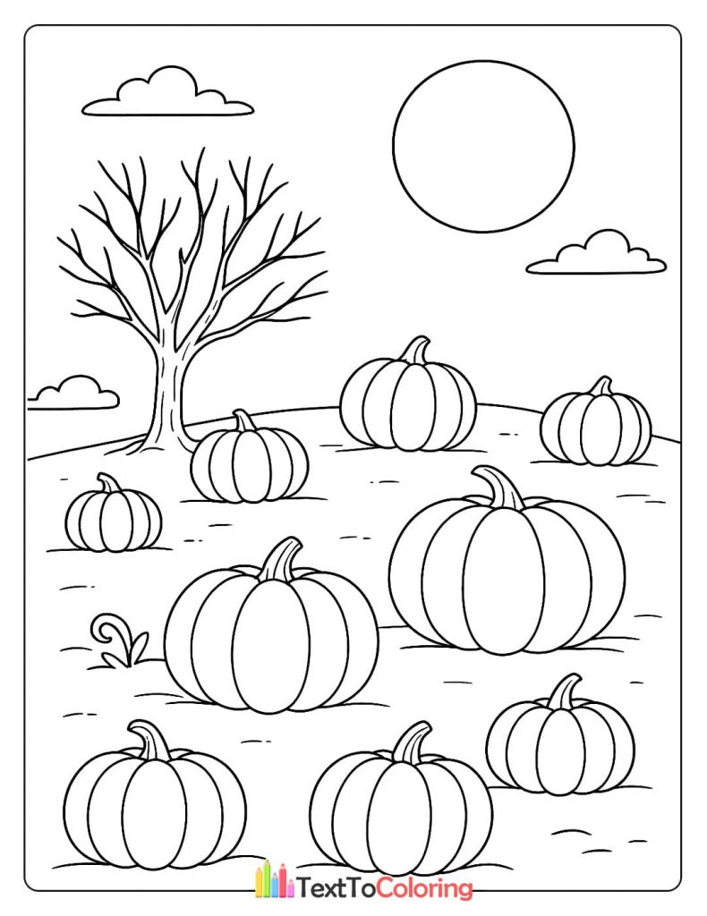 Simple pumpkin patch with tree and full moon autumn scene coloring