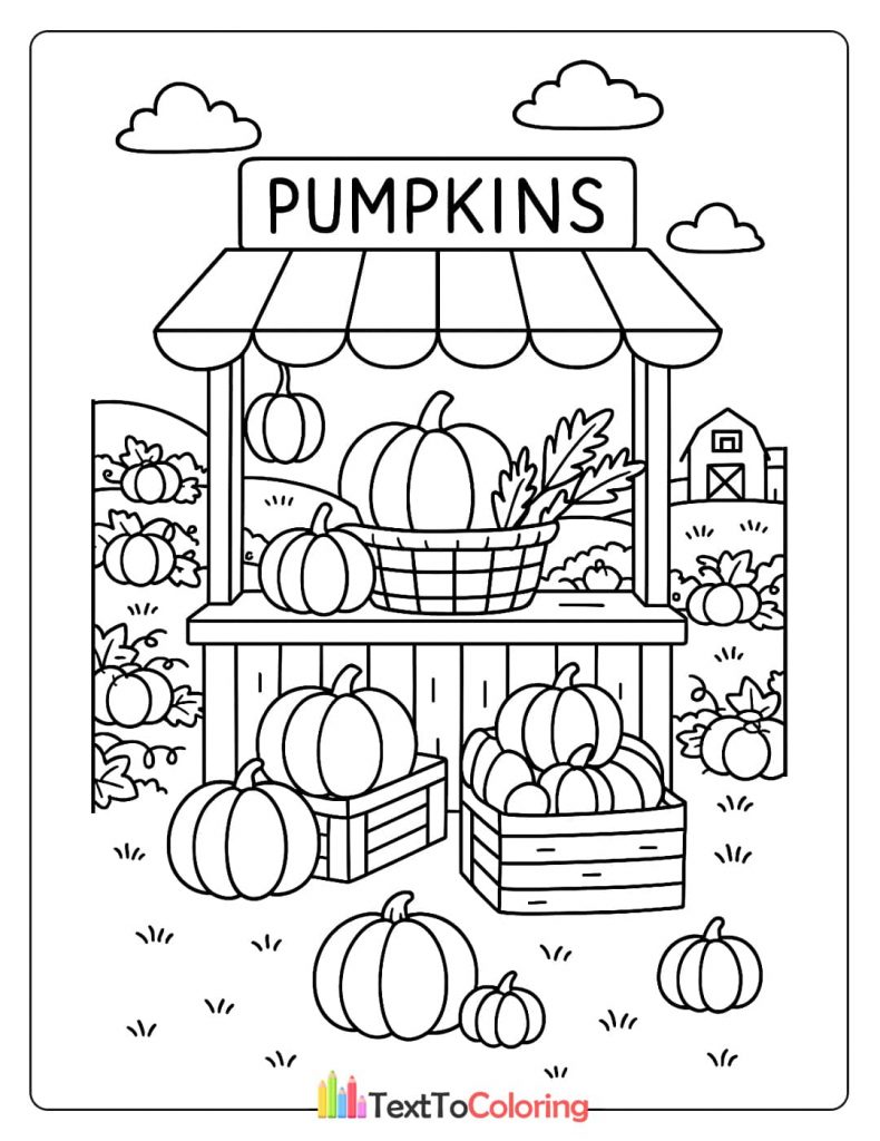 A printable coloring page showing a pumpkin stall with a barn in the background, surrounded by pumpkins ready for sale.