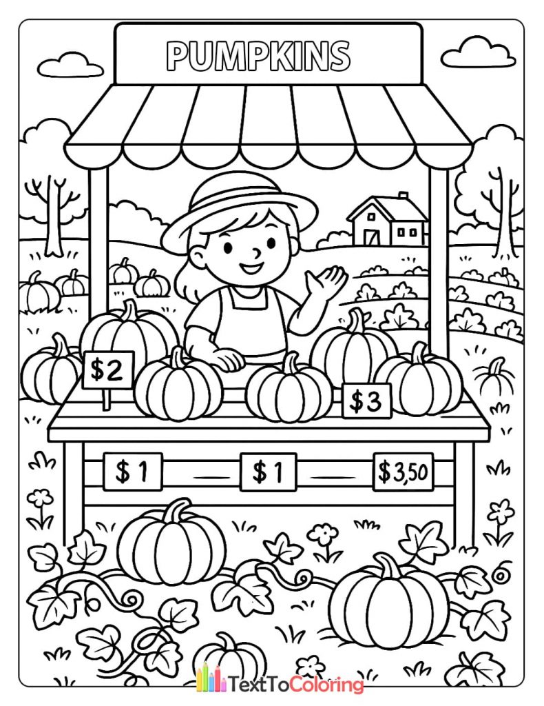 A printable coloring page of a smiling girl selling pumpkins at a market stand with prices displayed on a sunny day.