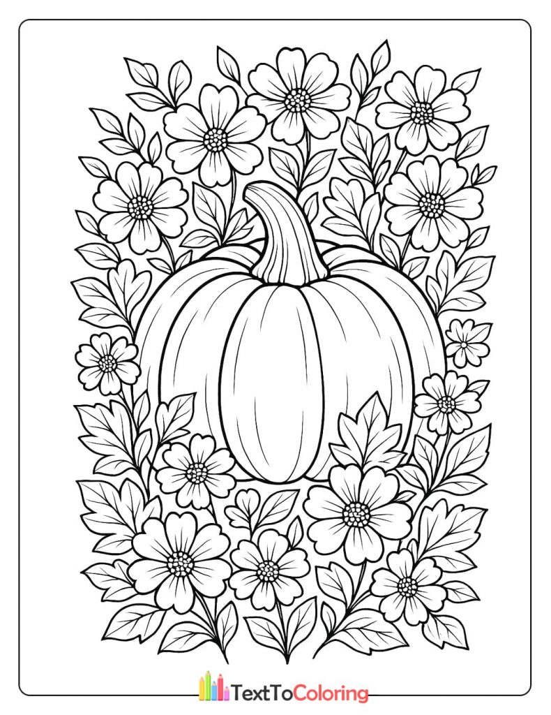 A large pumpkin is centered and surrounded by a border of flowers and leaves.
