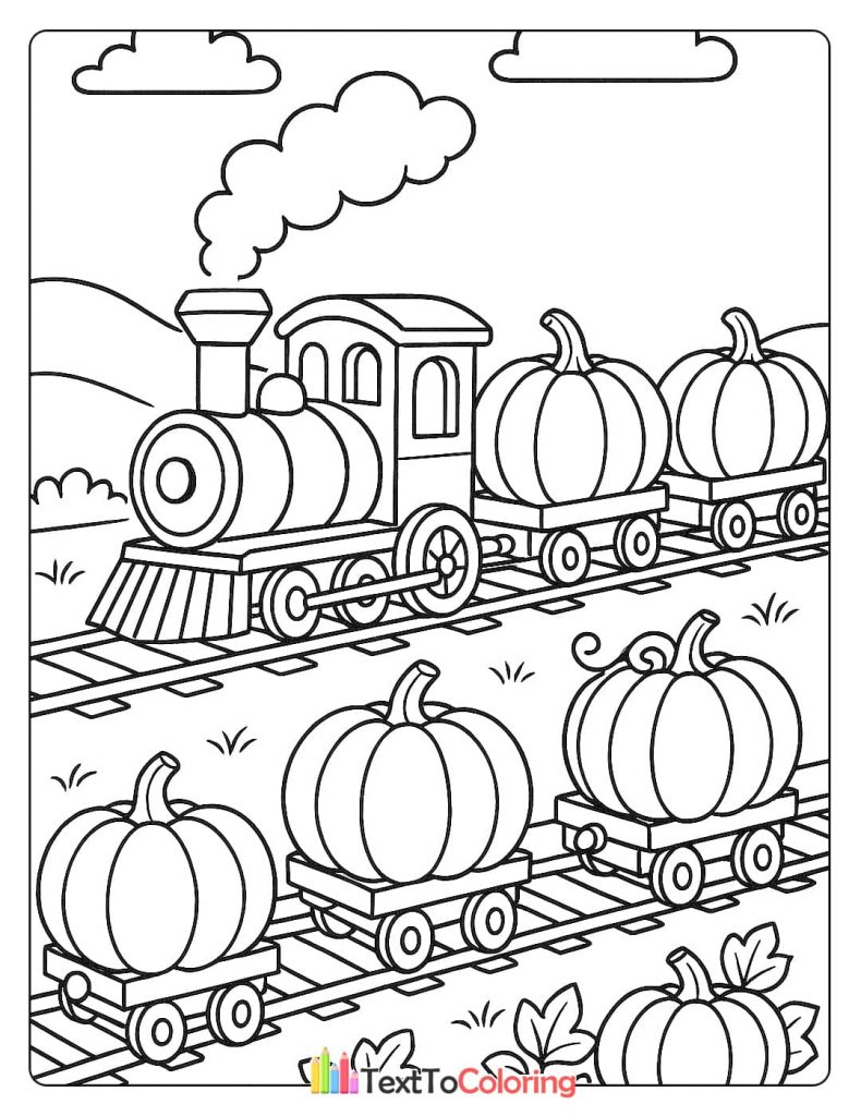 A steam train pulls cars shaped like pumpkins down a railroad track.