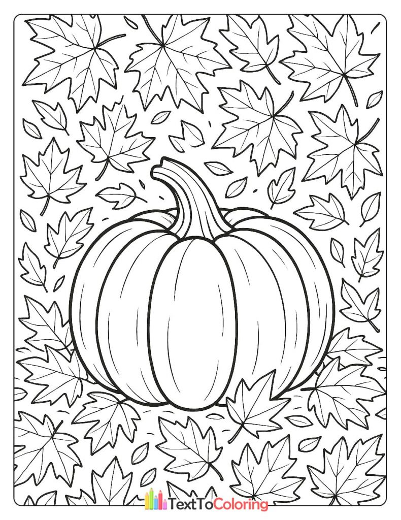 A large pumpkin is surrounded by a border of various autumn leaves.