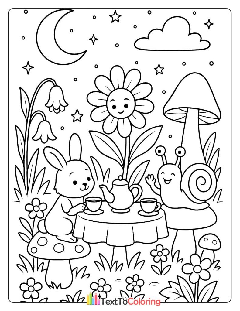 Coloring page of a bunny and a snail having a tea party on a mushroom with a happy flower.
