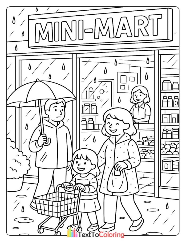 A family with an umbrella entering a mini-mart on a rainy day, with a child pushing a small shopping cart.