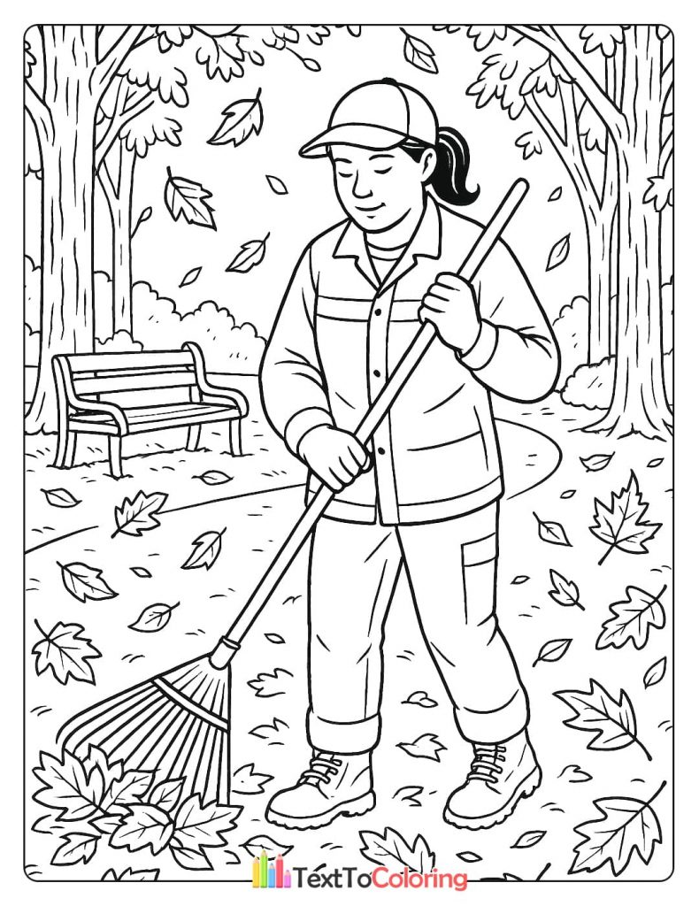 A coloring page of a person raking a pile of fallen autumn leaves in a park setting.