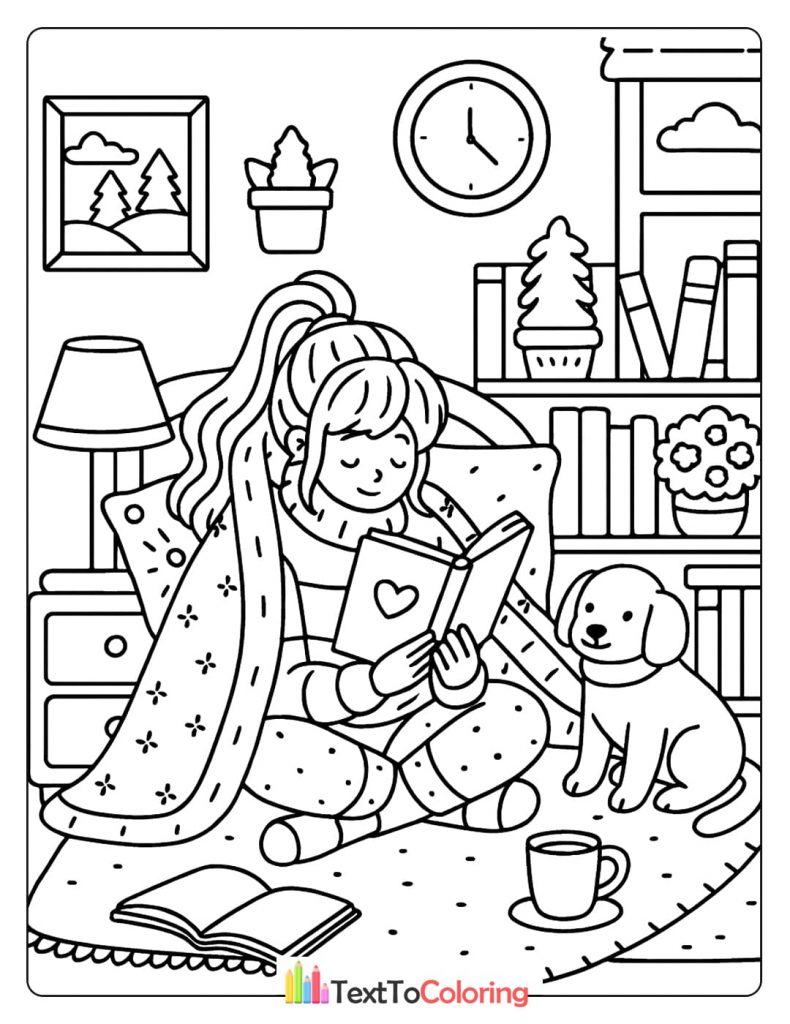 A person with headphones reads on a couch under a blanket with a sleeping dog and a cat.